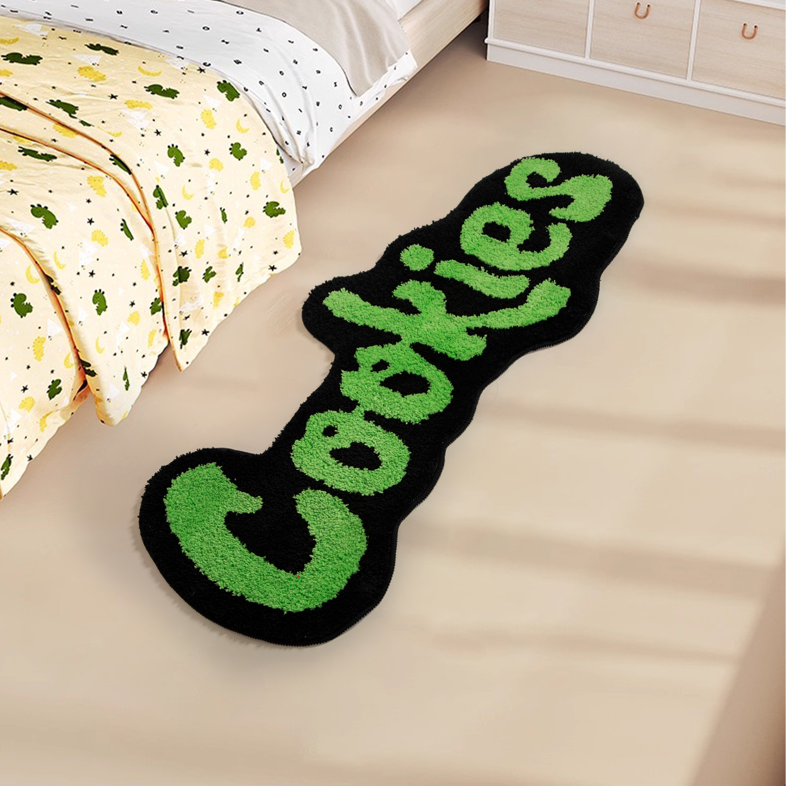 "Cookies" Letter Tufted Rug, Graffiti Font Plush Floor Mat, Anti-Slip Irregular Shaped Carpet for Street Style Bedroom, Dorm & Gaming Room Decor