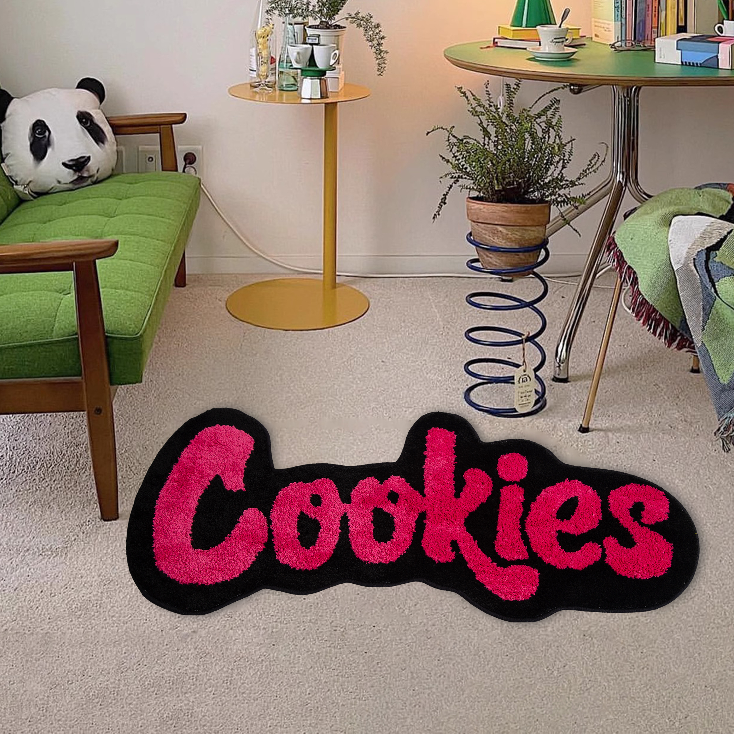"Cookies" Letter Tufted Rug, Graffiti Font Plush Floor Mat, Anti-Slip Irregular Shaped Carpet for Street Style Bedroom, Dorm & Gaming Room Decor