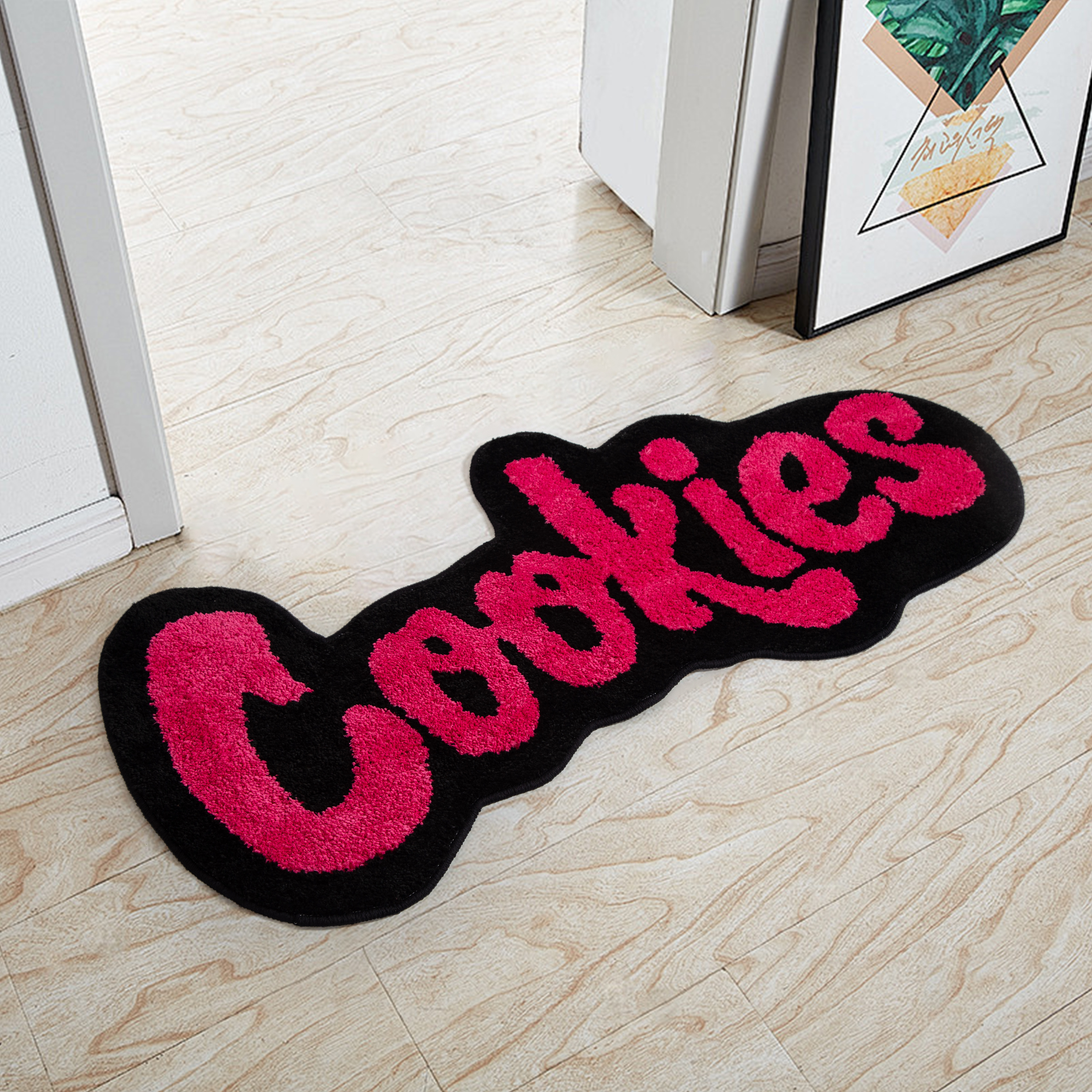 "Cookies" Letter Tufted Rug, Graffiti Font Plush Floor Mat, Anti-Slip Irregular Shaped Carpet for Street Style Bedroom, Dorm & Gaming Room Decor