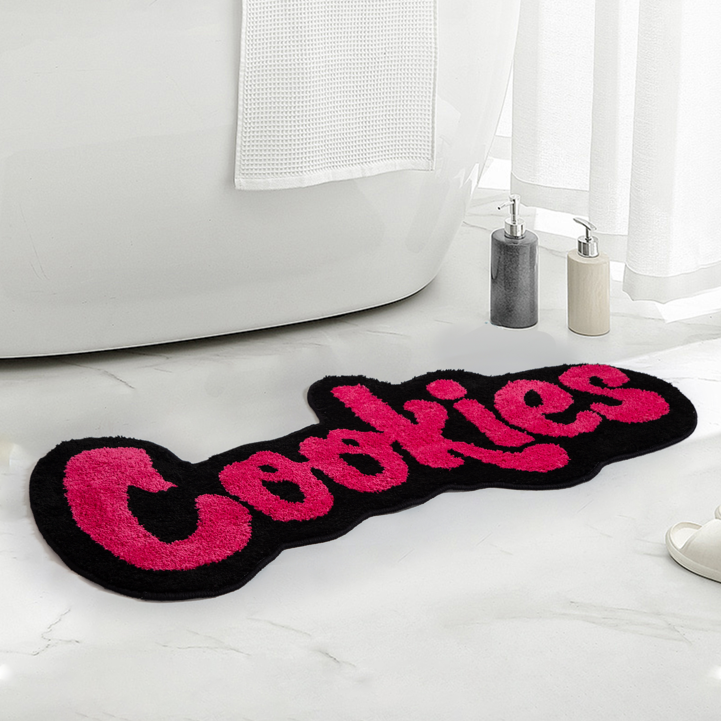"Cookies" Letter Tufted Rug, Graffiti Font Plush Floor Mat, Anti-Slip Irregular Shaped Carpet for Street Style Bedroom, Dorm & Gaming Room Decor