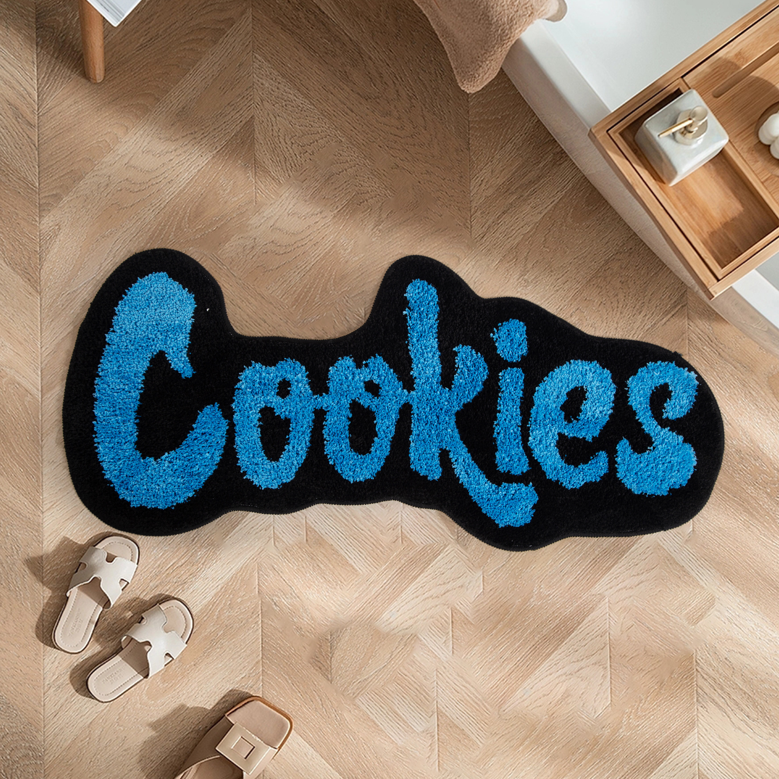 "Cookies" Letter Tufted Rug, Graffiti Font Plush Floor Mat, Anti-Slip Irregular Shaped Carpet for Street Style Bedroom, Dorm & Gaming Room Decor