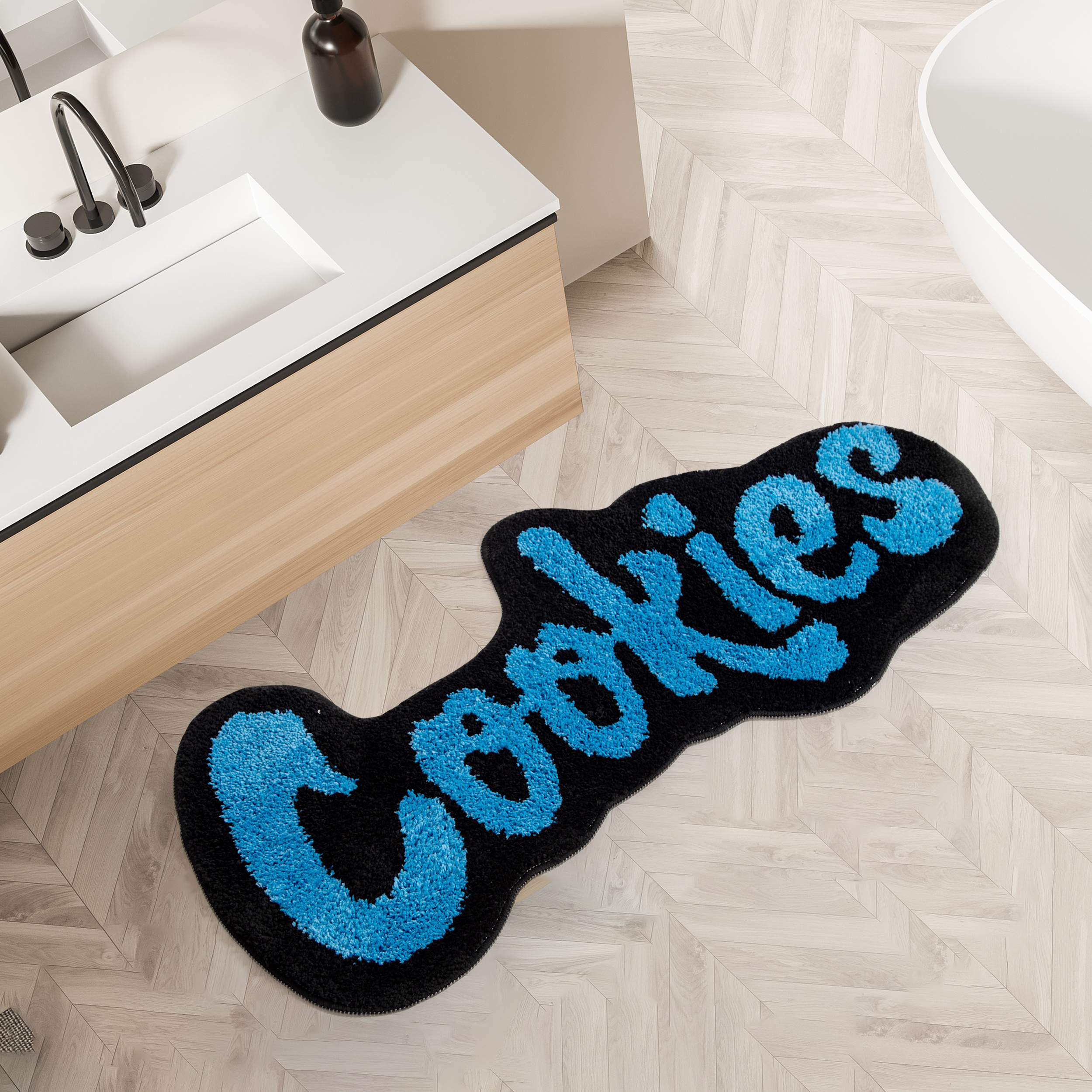 "Cookies" Letter Tufted Rug, Graffiti Font Plush Floor Mat, Anti-Slip Irregular Shaped Carpet for Street Style Bedroom, Dorm & Gaming Room Decor