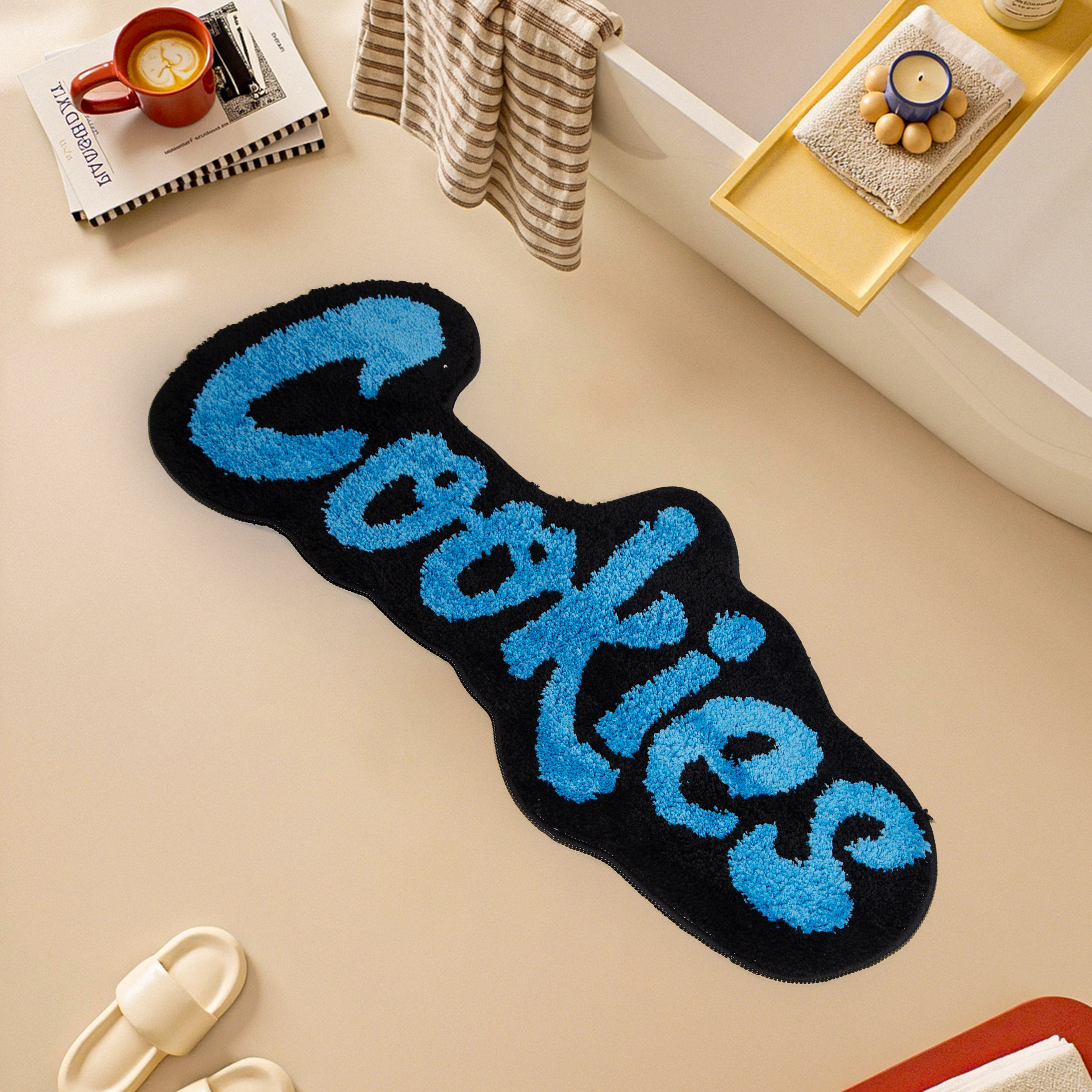 "Cookies" Letter Tufted Rug, Graffiti Font Plush Floor Mat, Anti-Slip Irregular Shaped Carpet for Street Style Bedroom, Dorm & Gaming Room Decor
