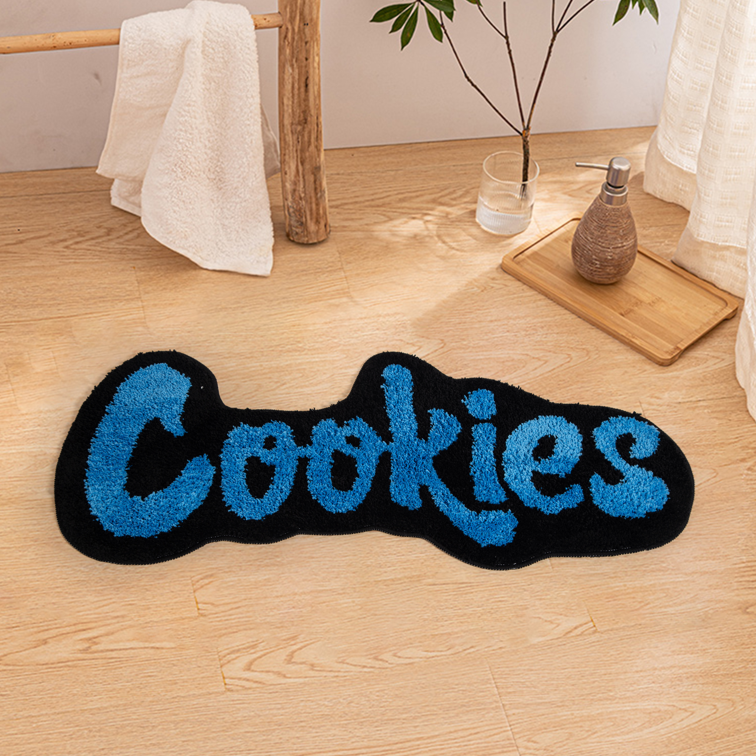 "Cookies" Letter Tufted Rug, Graffiti Font Plush Floor Mat, Anti-Slip Irregular Shaped Carpet for Street Style Bedroom, Dorm & Gaming Room Decor