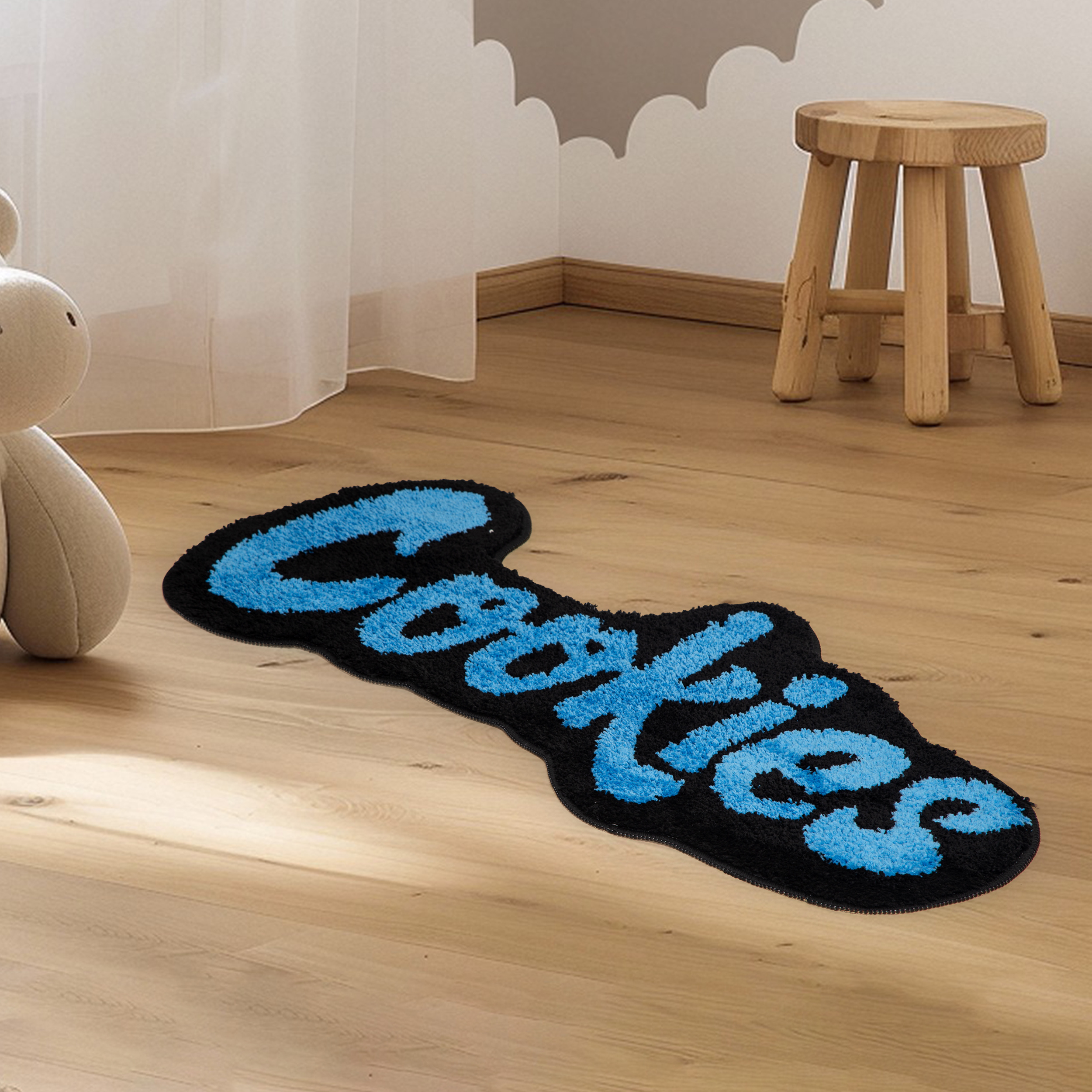 "Cookies" Letter Tufted Rug, Graffiti Font Plush Floor Mat, Anti-Slip Irregular Shaped Carpet for Street Style Bedroom, Dorm & Gaming Room Decor