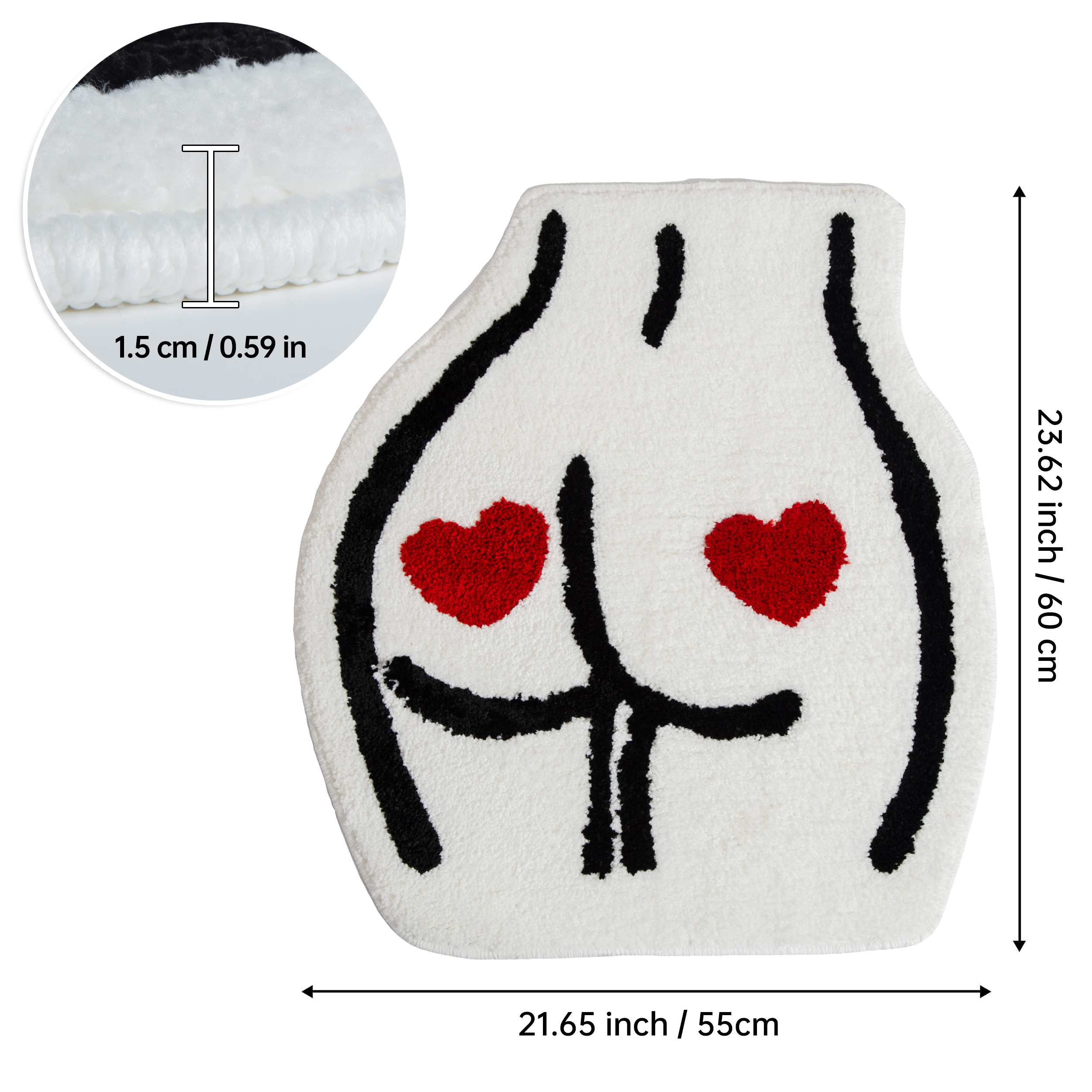 Cute Butt Shaped Tufted Rug, Red Heart Pattern Soft Plush Bath Mat, Anti-Slip Irregular Carpet for Bathroom, Bedroom & Fun Home Decor