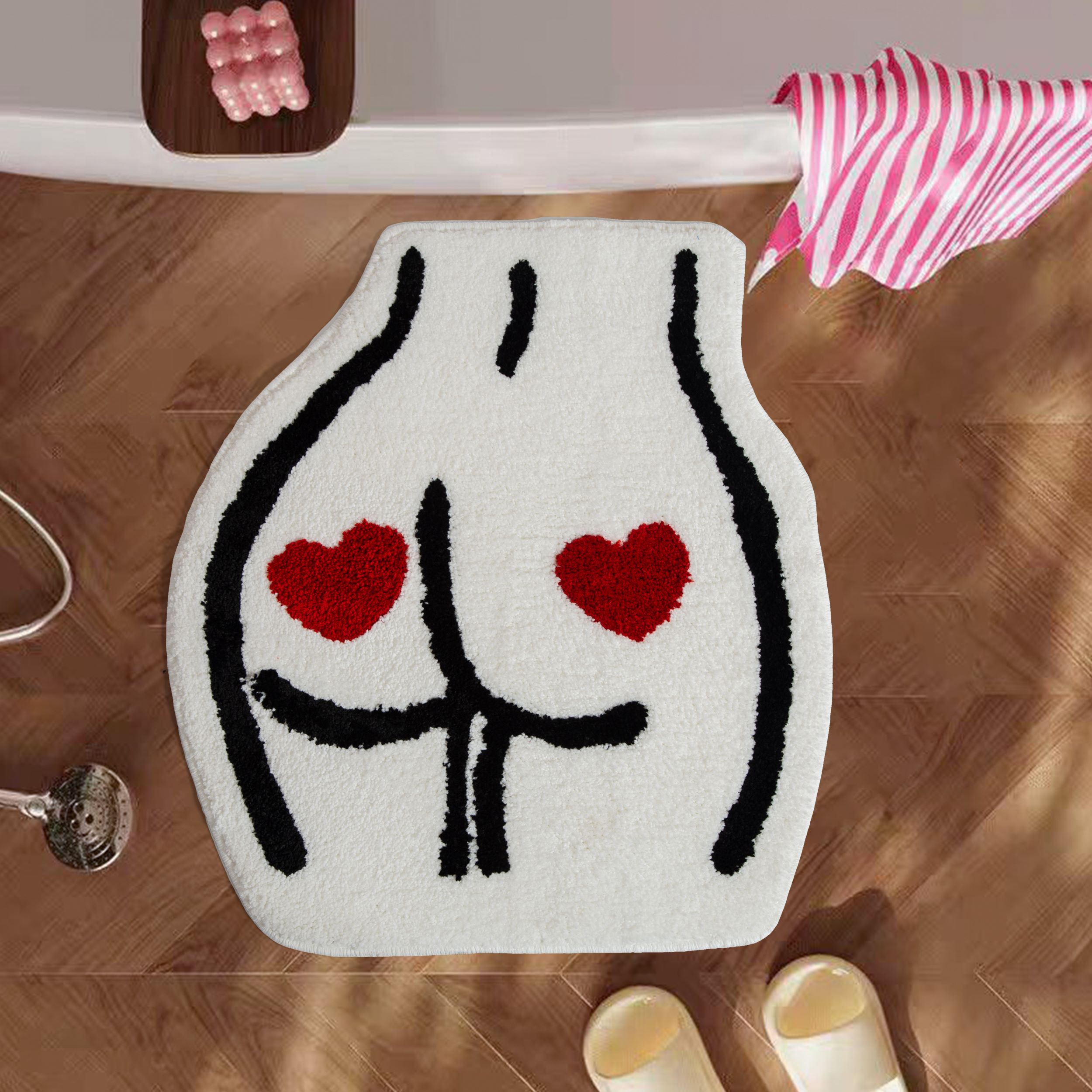 Cute Butt Shaped Tufted Rug, Red Heart Pattern Soft Plush Bath Mat, Anti-Slip Irregular Carpet for Bathroom, Bedroom & Fun Home Decor