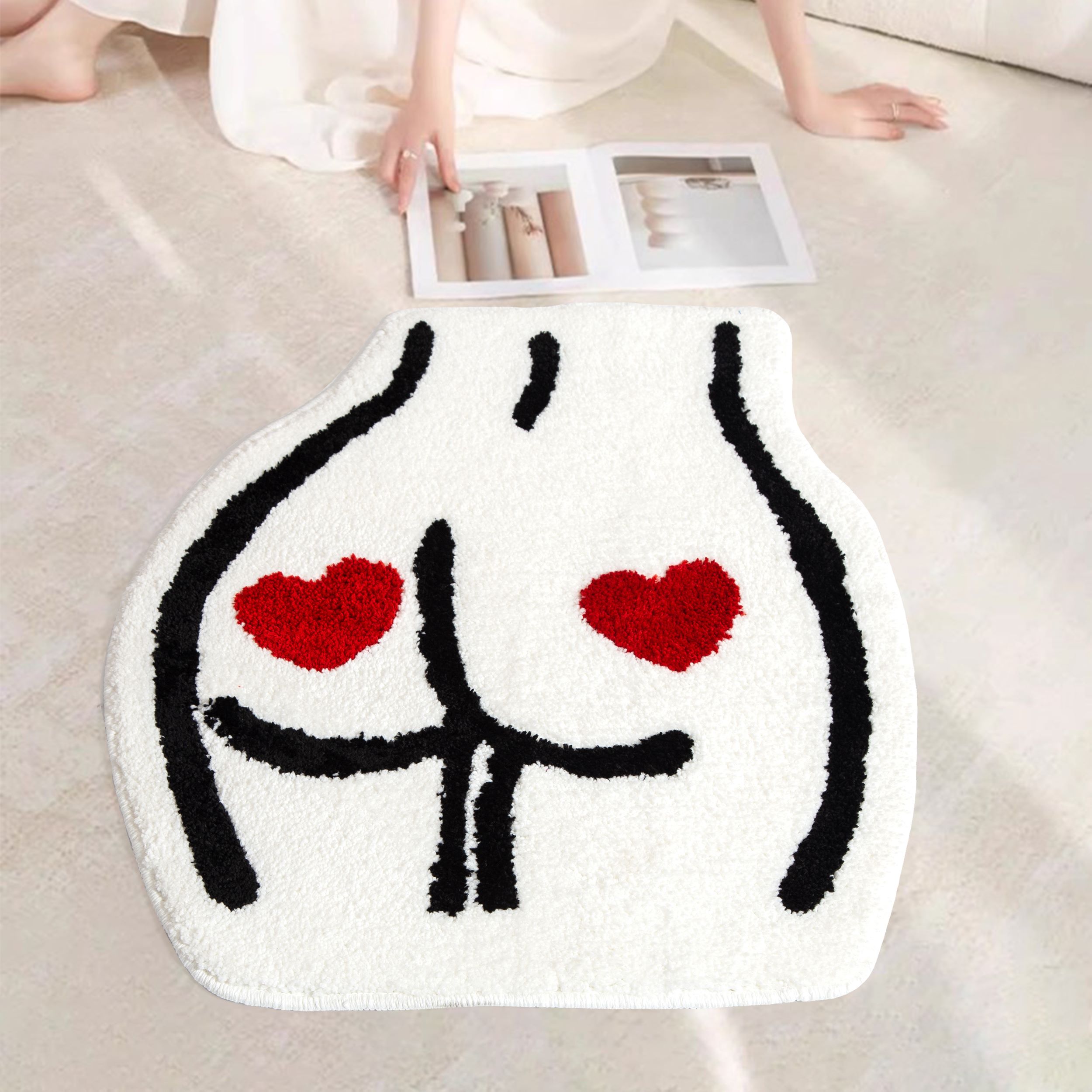 Cute Butt Shaped Tufted Rug, Red Heart Pattern Soft Plush Bath Mat, Anti-Slip Irregular Carpet for Bathroom, Bedroom & Fun Home Decor