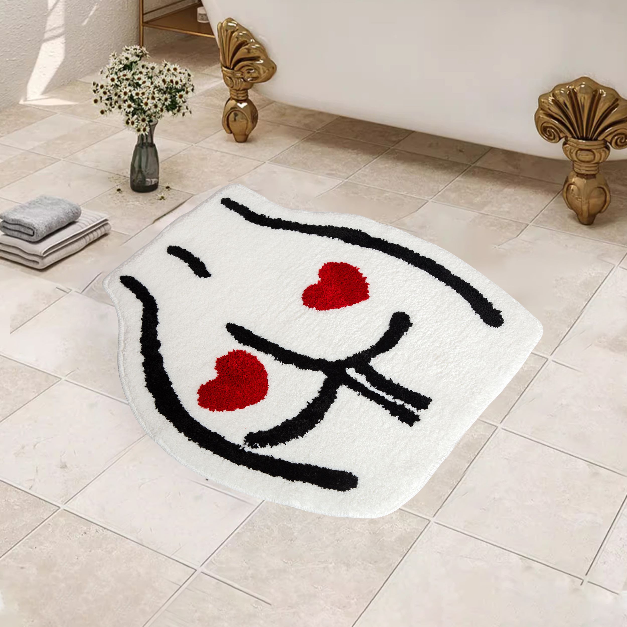 Cute Butt Shaped Tufted Rug, Red Heart Pattern Soft Plush Bath Mat, Anti-Slip Irregular Carpet for Bathroom, Bedroom & Fun Home Decor