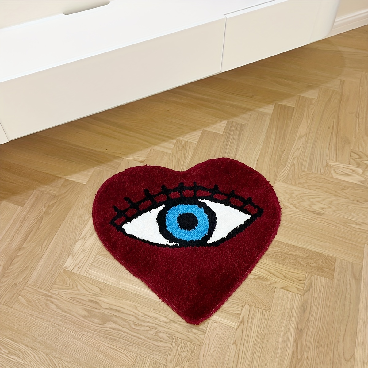 Heart Shape Eye Pattern Fluffy Rug, Burgundy & Blue Mystical Aesthetic Plush Carpet, Non-Slip Washable Doormat for Bedroom/Entryway, Creative Bold Home Decor Mat with Soft Texture, Trendy Occult-Style Floor Accent