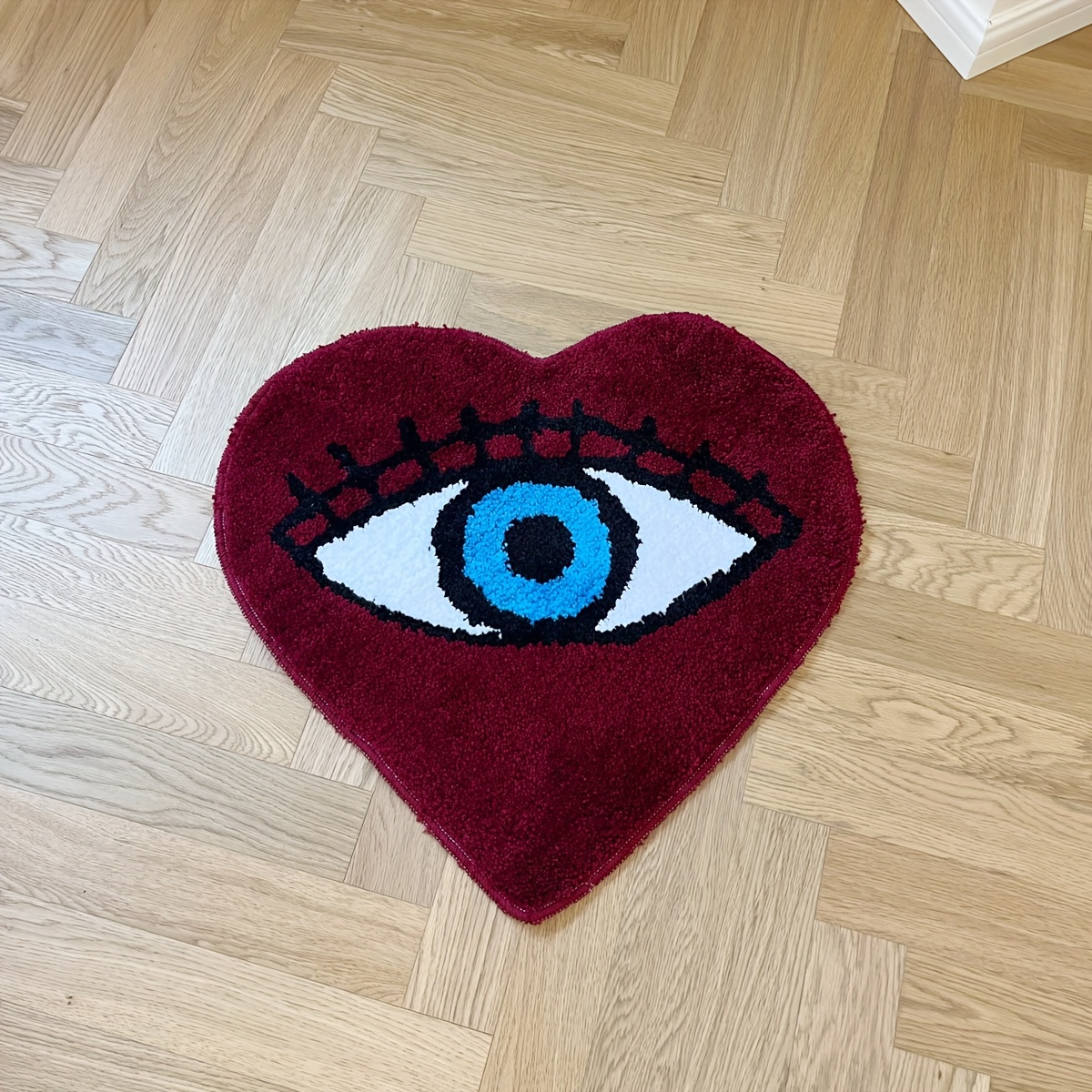 Heart Shape Eye Pattern Fluffy Rug, Burgundy & Blue Mystical Aesthetic Plush Carpet, Non-Slip Washable Doormat for Bedroom/Entryway, Creative Bold Home Decor Mat with Soft Texture, Trendy Occult-Style Floor Accent
