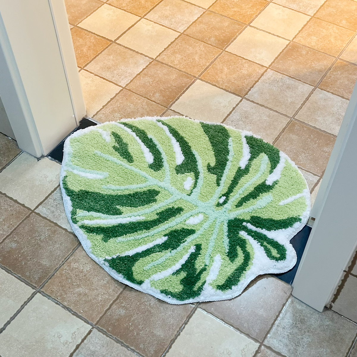 Green Leaf Monstera Tufting Rug Flocking Mat Shaggy Rug Bathmat Bathroom Rug Carpet Function Entrance Floor Anti Slip Pad