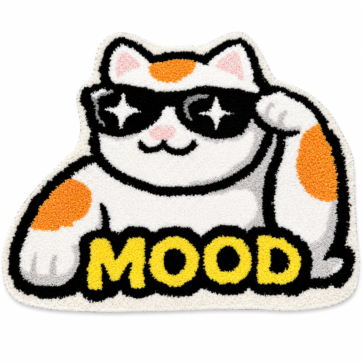 Cool Cat With Star Sunglasses Tufted Rug, Cute MOOD Letter Kitten Shaped Fluffy Floor Mat, Non Slip Absorbent Doormat for Bedroom Bathroom Home Decor