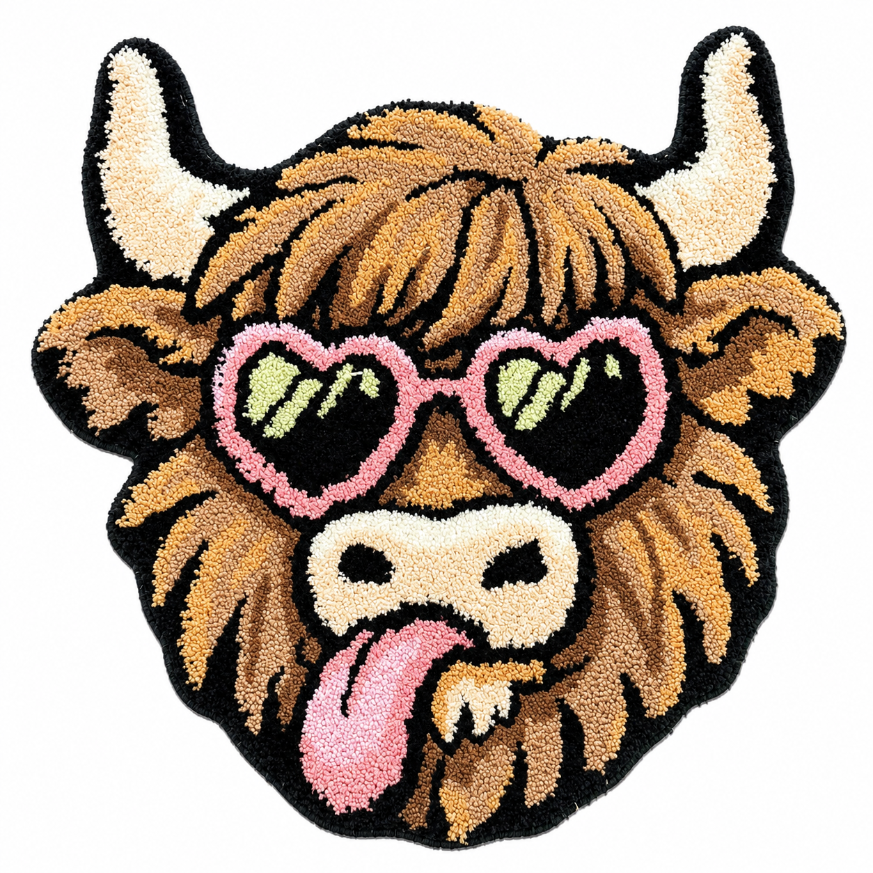 Highland Cow Tufted Rug With Heart Sunglasses, Cute Tongue Out Shaggy Animal Shaped Floor Mat, Non Slip Absorbent Bathroom Rug For Bedroom Home Decor