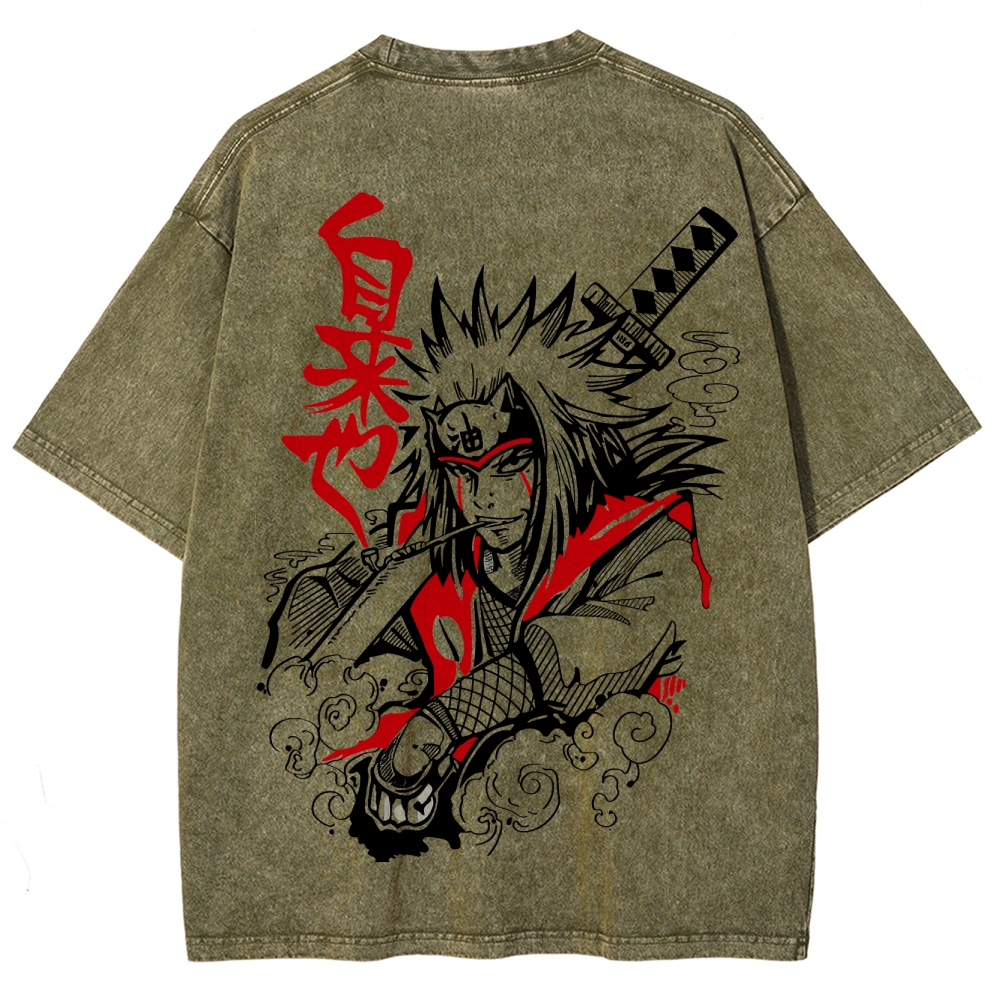 Naruto Sannin Jiraiya Printed Vintage Washed Tee Unisex Oversize Cotton T-shirt