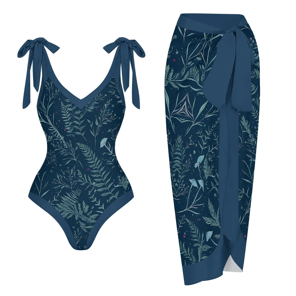 Nature-Inspired One-Piece Swimsuit with Coordinated Long Wrap Skirt