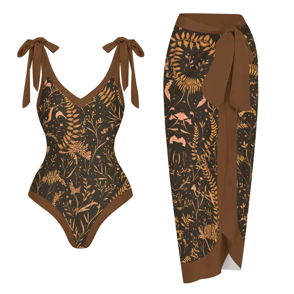 Nature-Inspired One-Piece Swimsuit with Coordinated Long Wrap Skirt