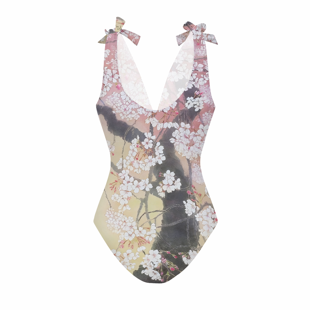 Oriental Spring Sakura One-Piece Swimsuit with Tiered Maxi Skirt