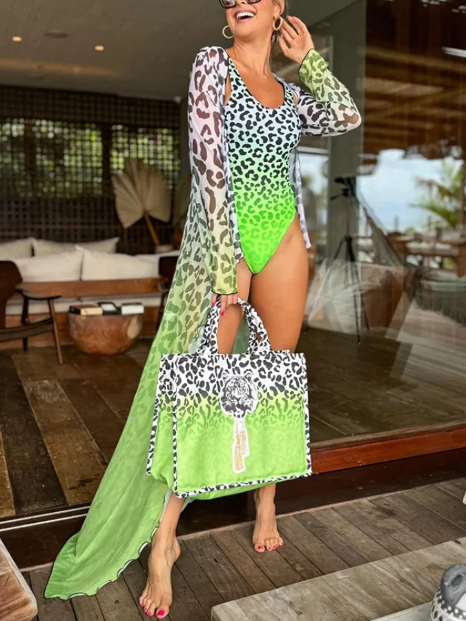 Green Leopard Ombre Print Swimsuit and Cardigan