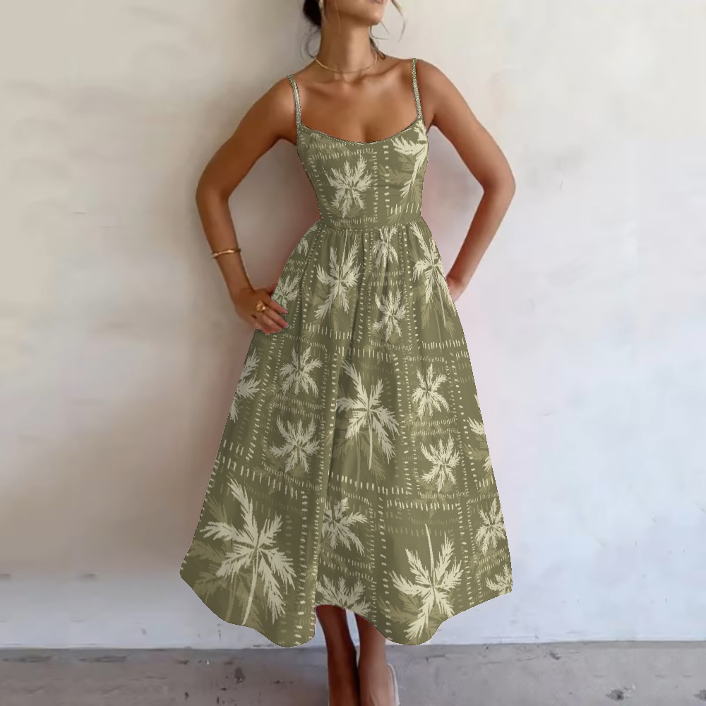 Women's Olive Palm Printed Slip Dress