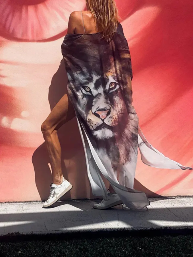 Ink Lion Print Beach Vacation Kaftan