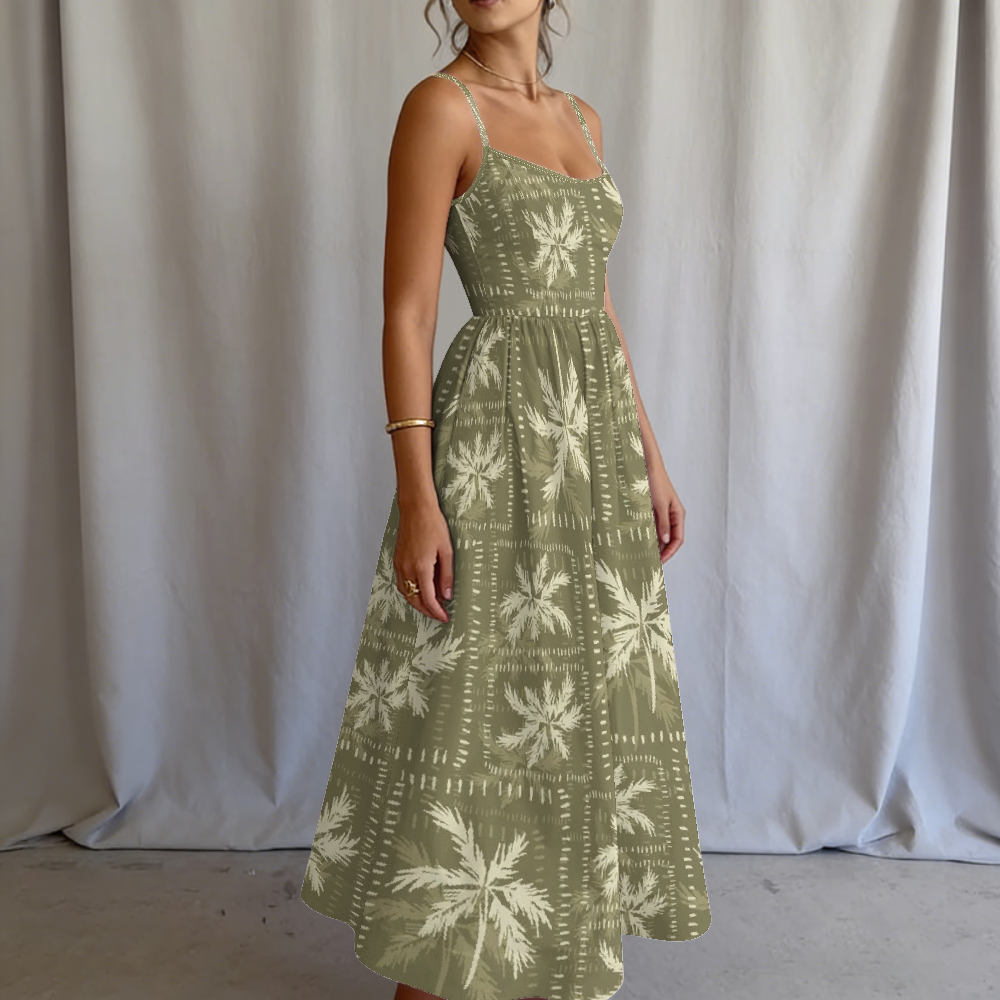 Women's Olive Palm Printed Slip Dress