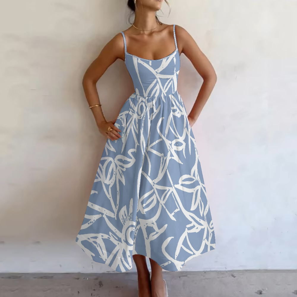 Women's Sky Blue Bamboo Printed Slip Dress