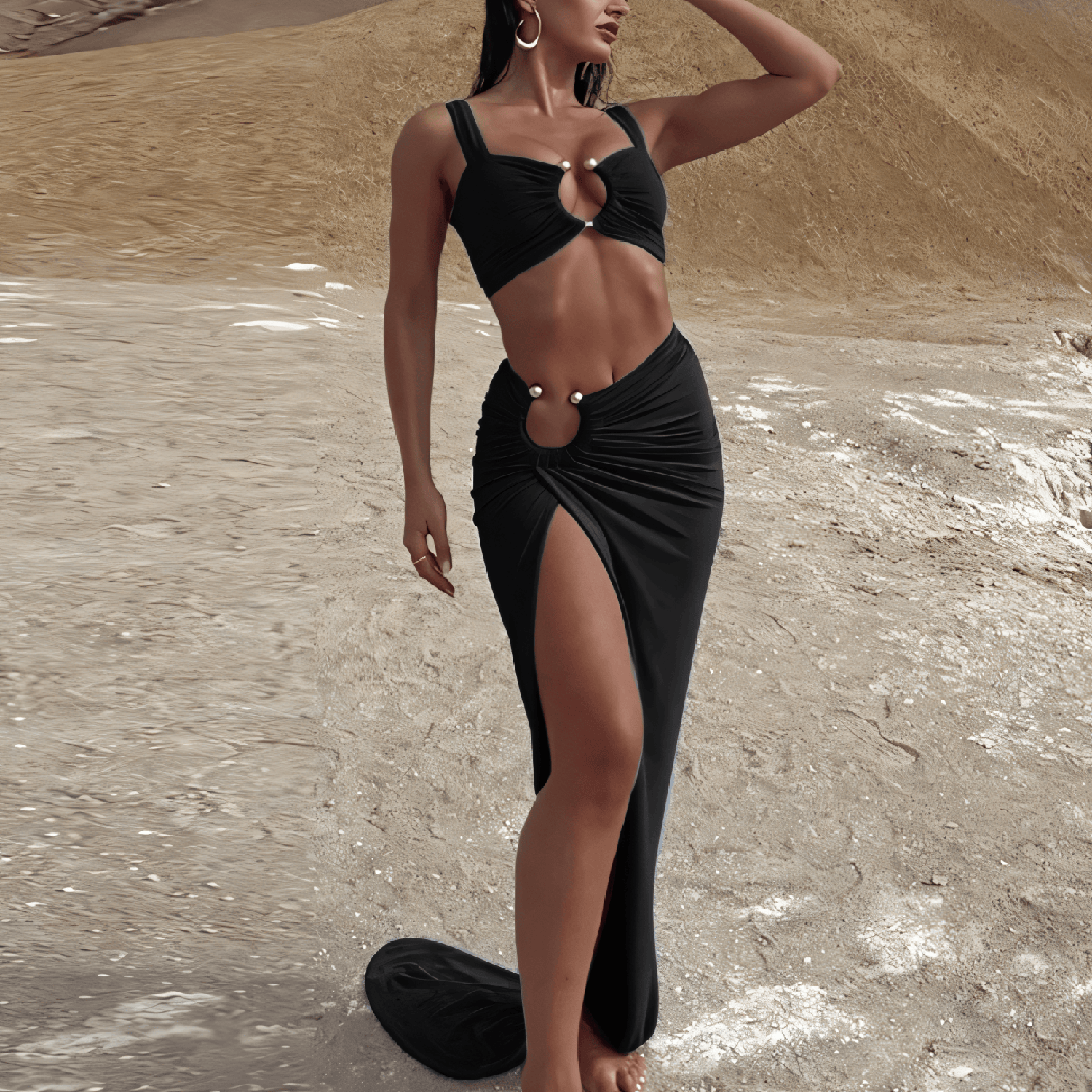 Criss-Cross Front Ring-Detail Long Skirted One-Piece Swimsuit