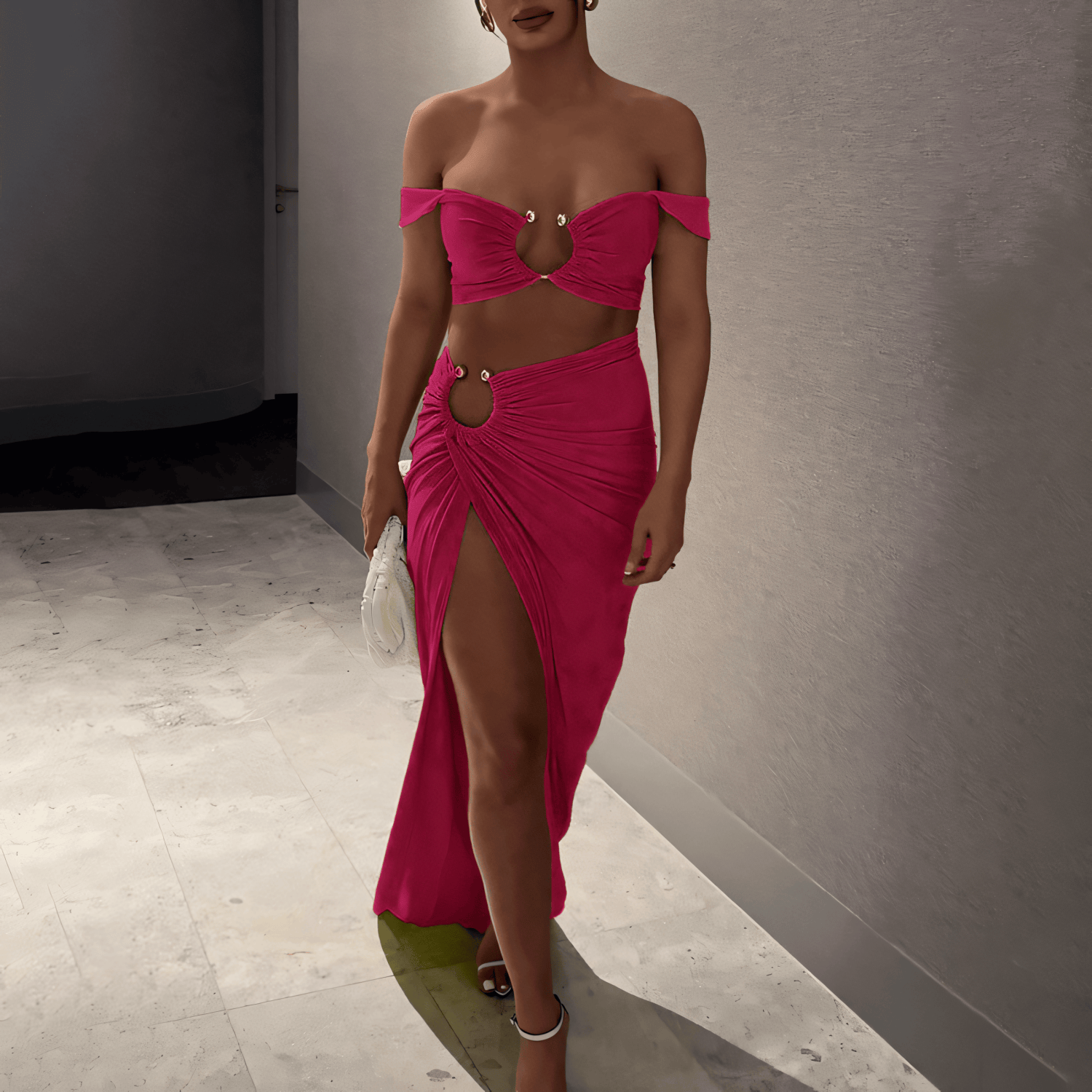 Criss-Cross Front Ring-Detail Long Skirted One-Piece Swimsuit