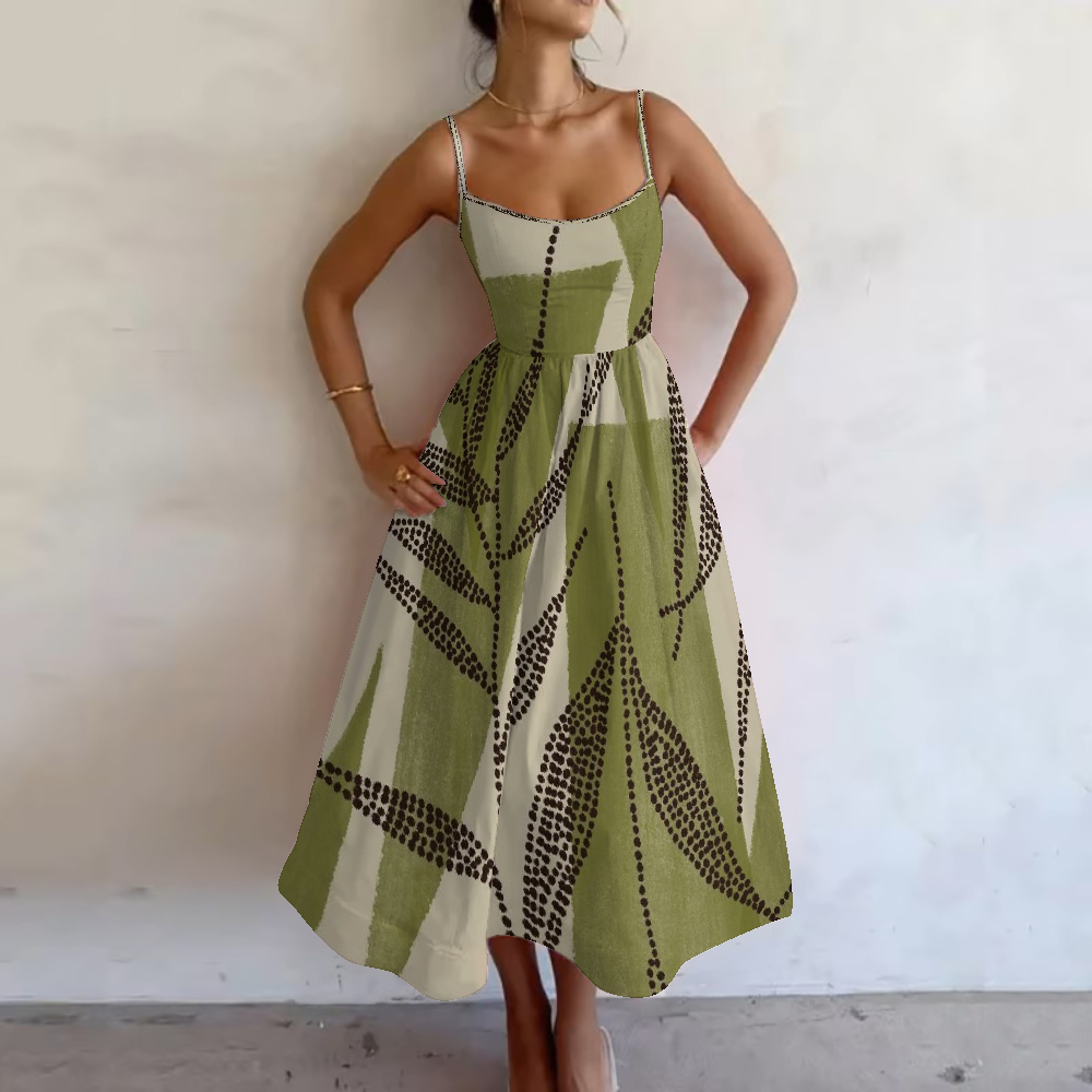 Women's Olive Abstract Leaf Printed Slip Dress
