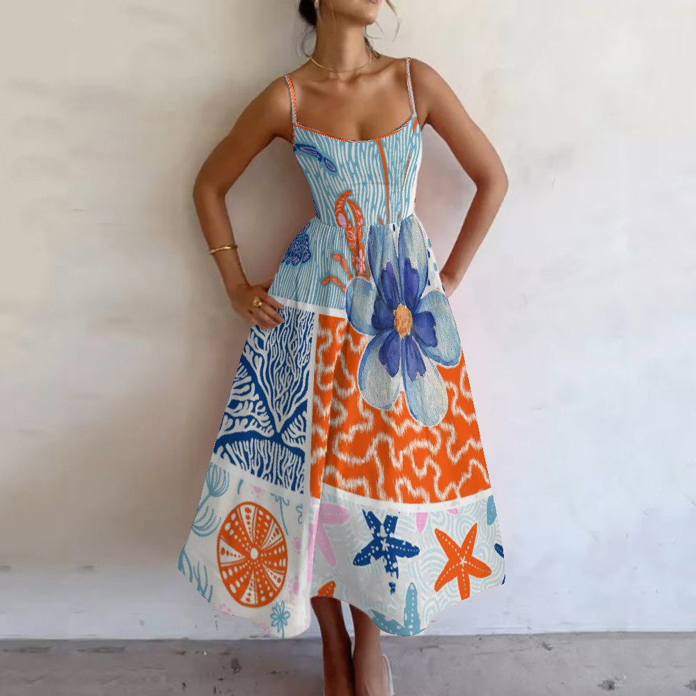 Women's Coastal Patchwork Printed Slip Dress