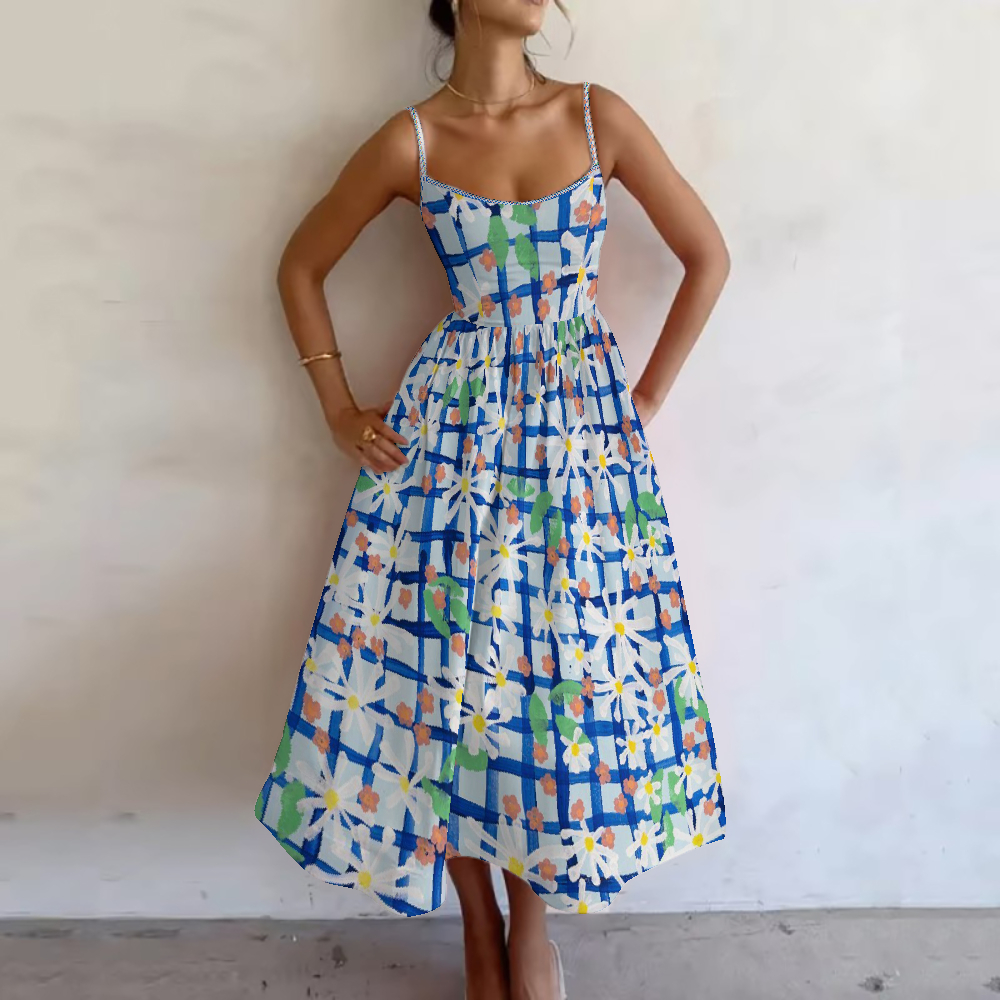 Women's Blue Daisy Grid Printed Slip Dress