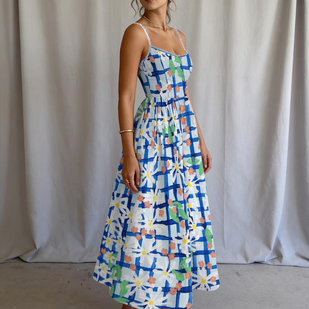 Women's Blue Daisy Grid Printed Slip Dress