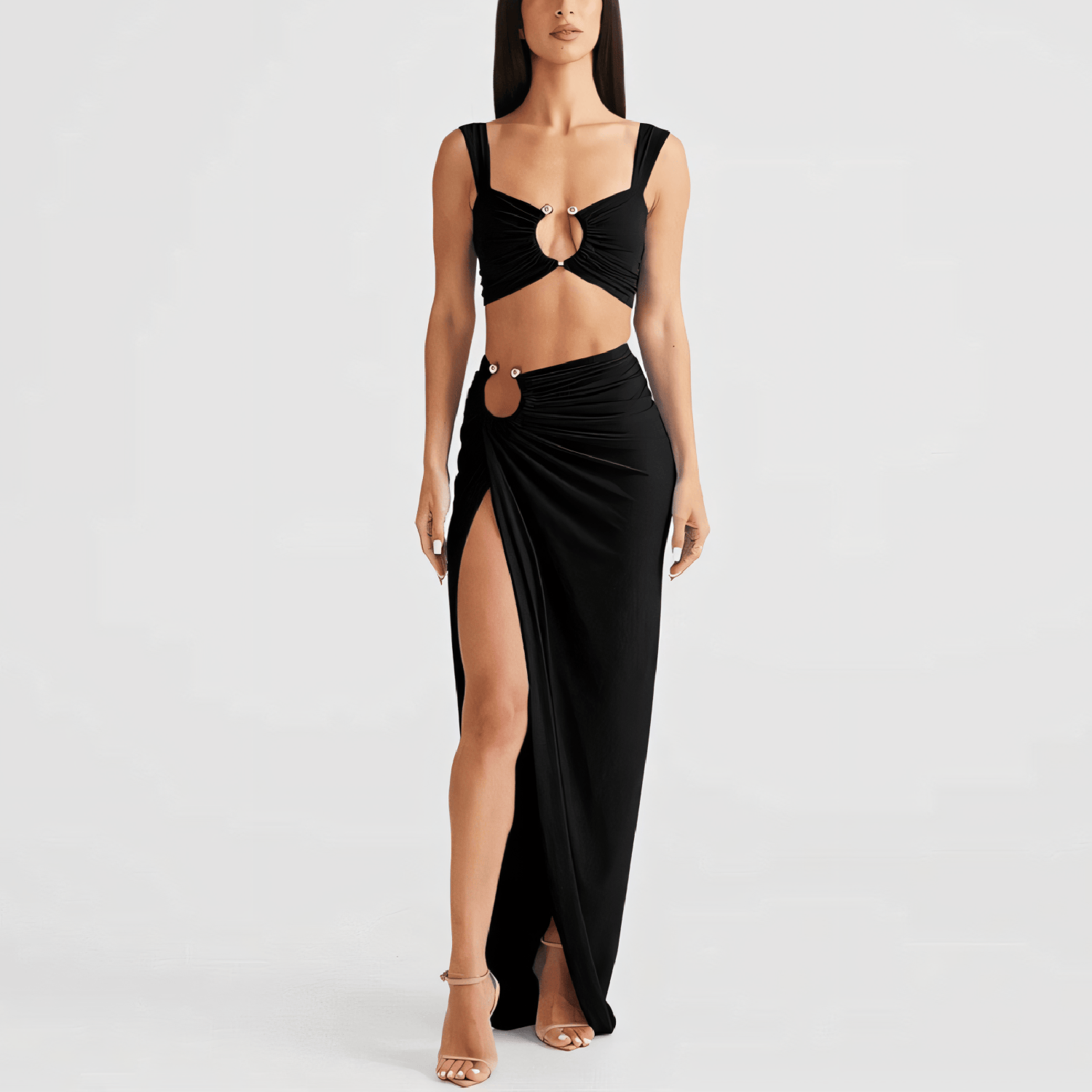 Criss-Cross Front Ring-Detail Long Skirted One-Piece Swimsuit