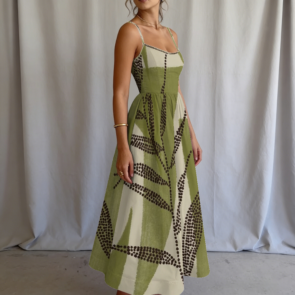 Women's Olive Abstract Leaf Printed Slip Dress