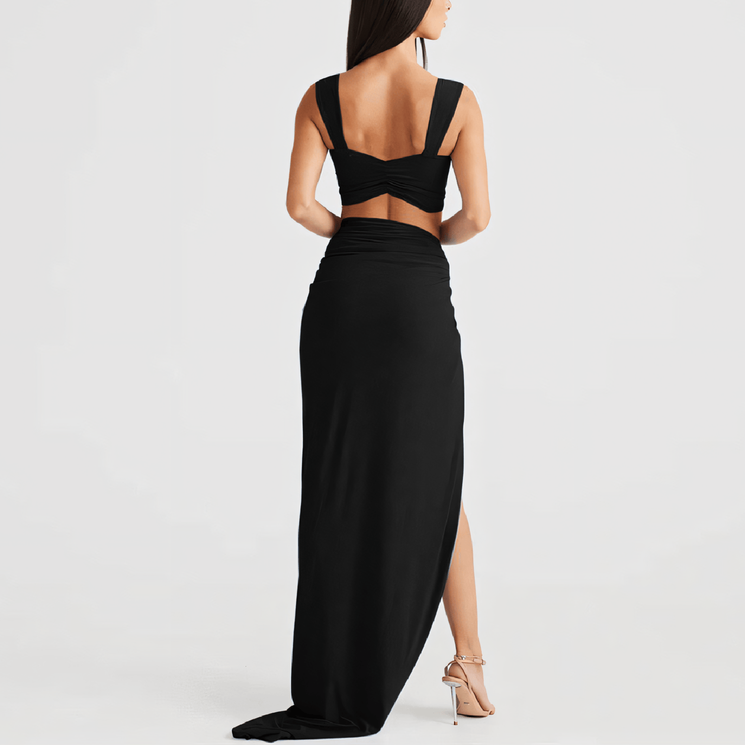 Criss-Cross Front Ring-Detail Long Skirted One-Piece Swimsuit