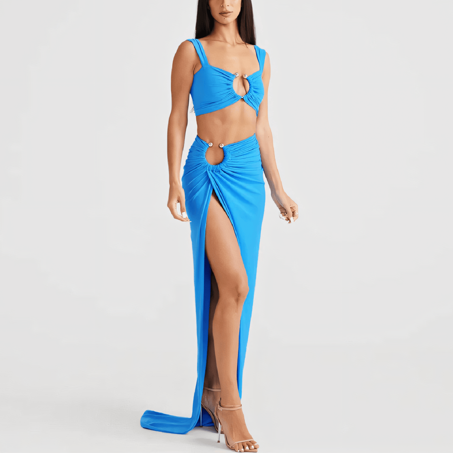 Criss-Cross Front Ring-Detail Long Skirted One-Piece Swimsuit