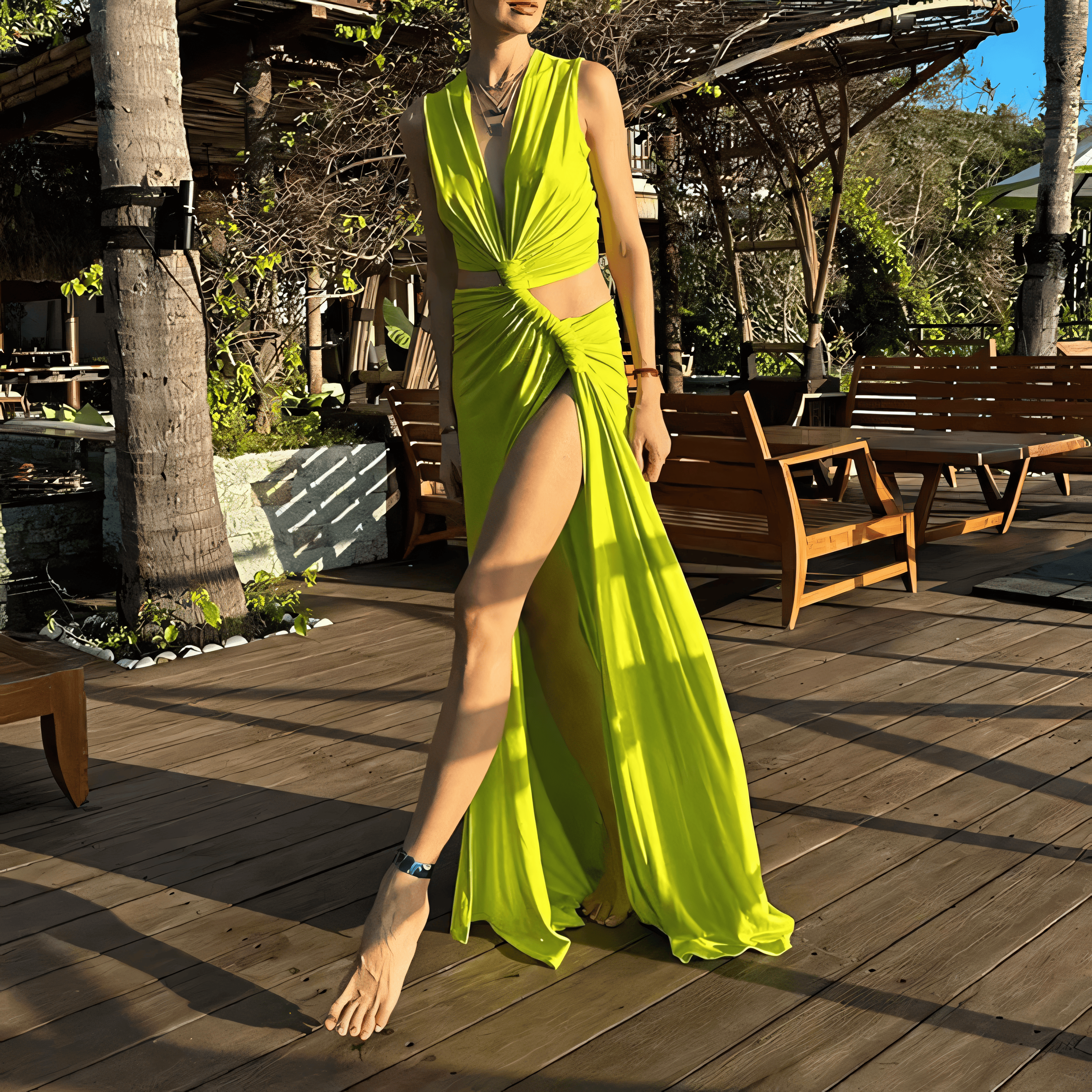 Cutout Twisted High Slit V Neck Sleeveless Pleated Asymmetric Dress