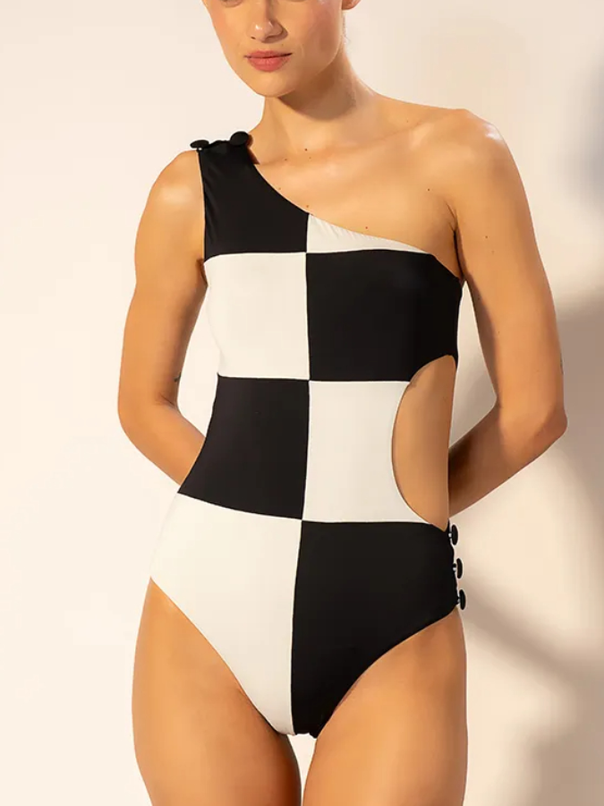 One-Shoulder Colorblock Printed Swimsuit and Cover-Up