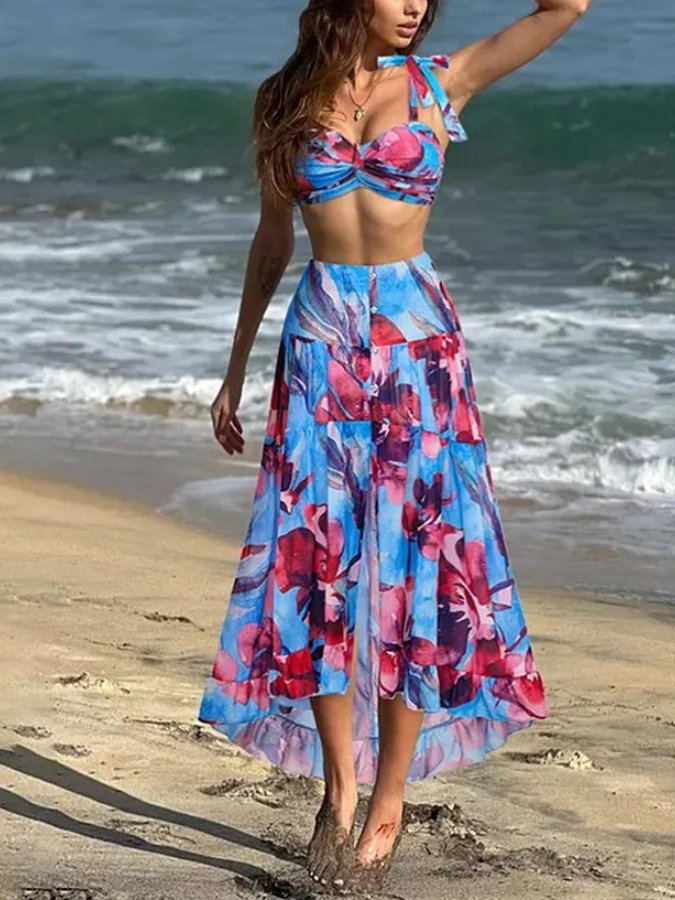 Ink Flower Printed Swimsuit and Skirt