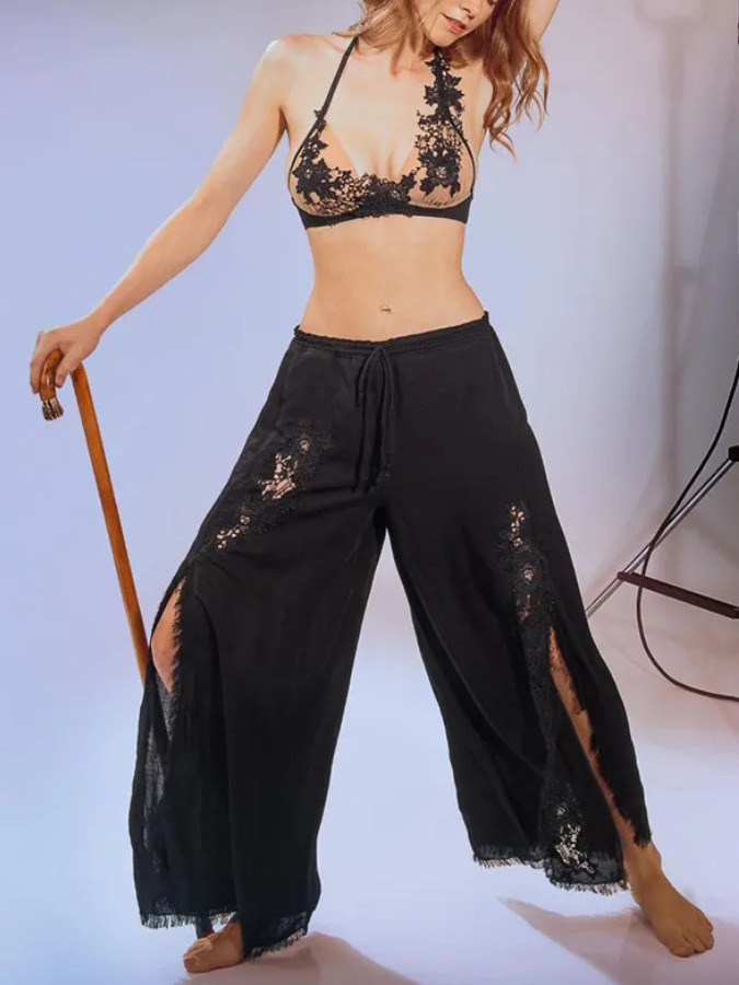 Lace Mesh Swimsuit And Wide-Leg Pants