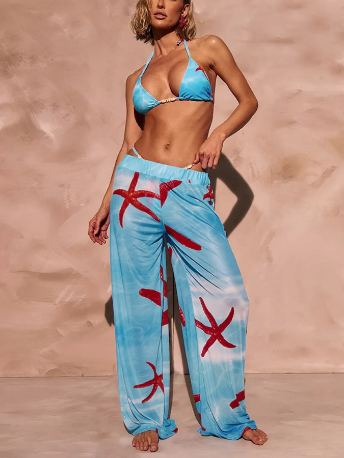 Blue Starfish Print Bikini And Beach Pants