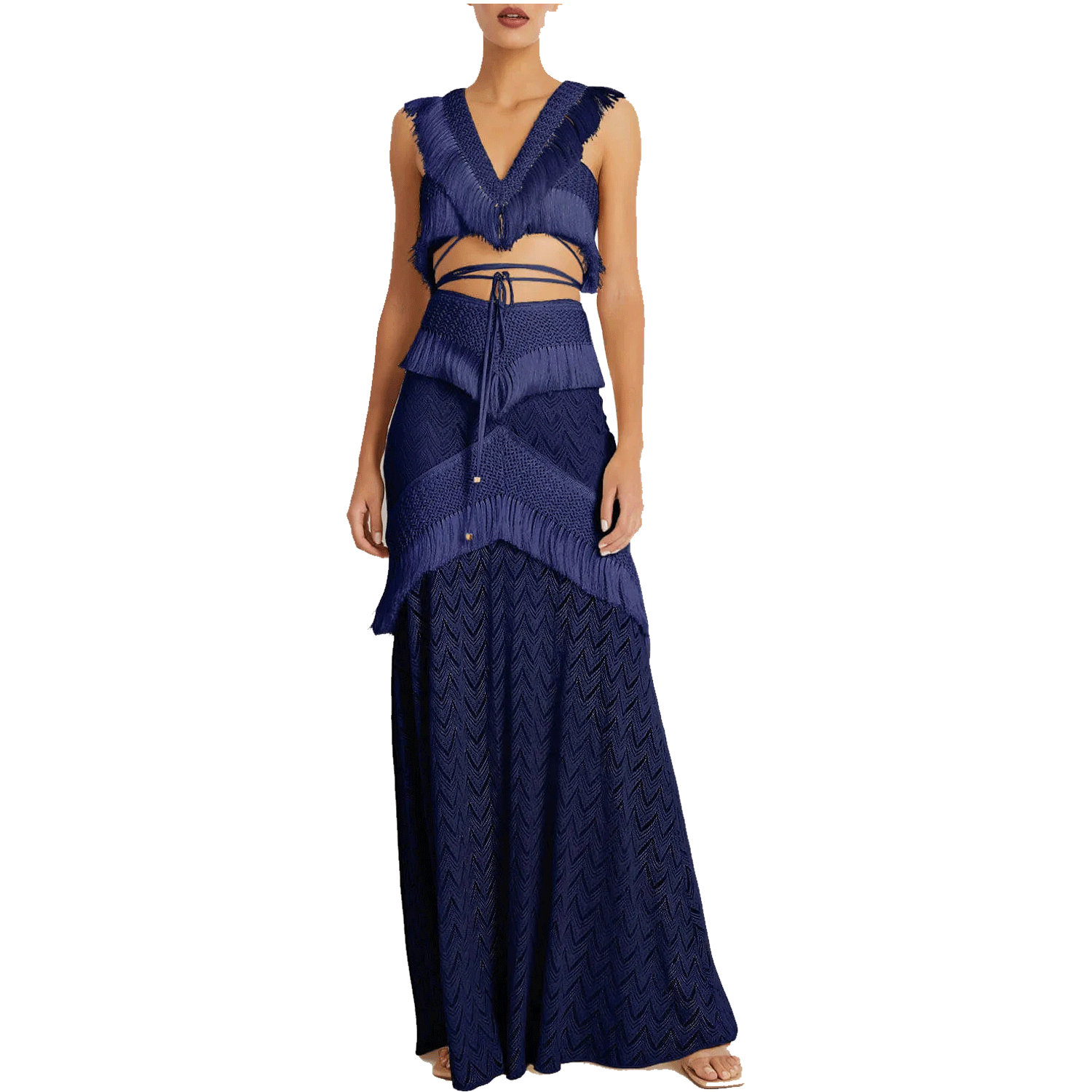 Boho Swim Cover-Up Set Fringe Knit Top High Waist Bottom Layered Skirt