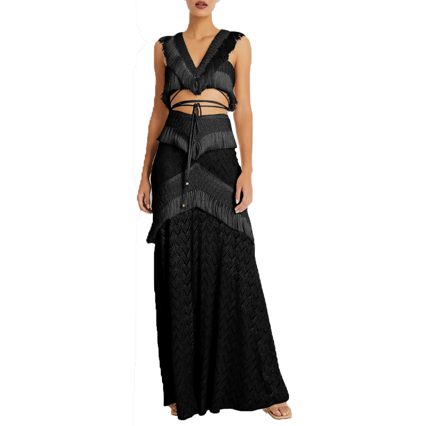 Boho Swim Cover-Up Set Fringe Knit Top High Waist Bottom Layered Skirt