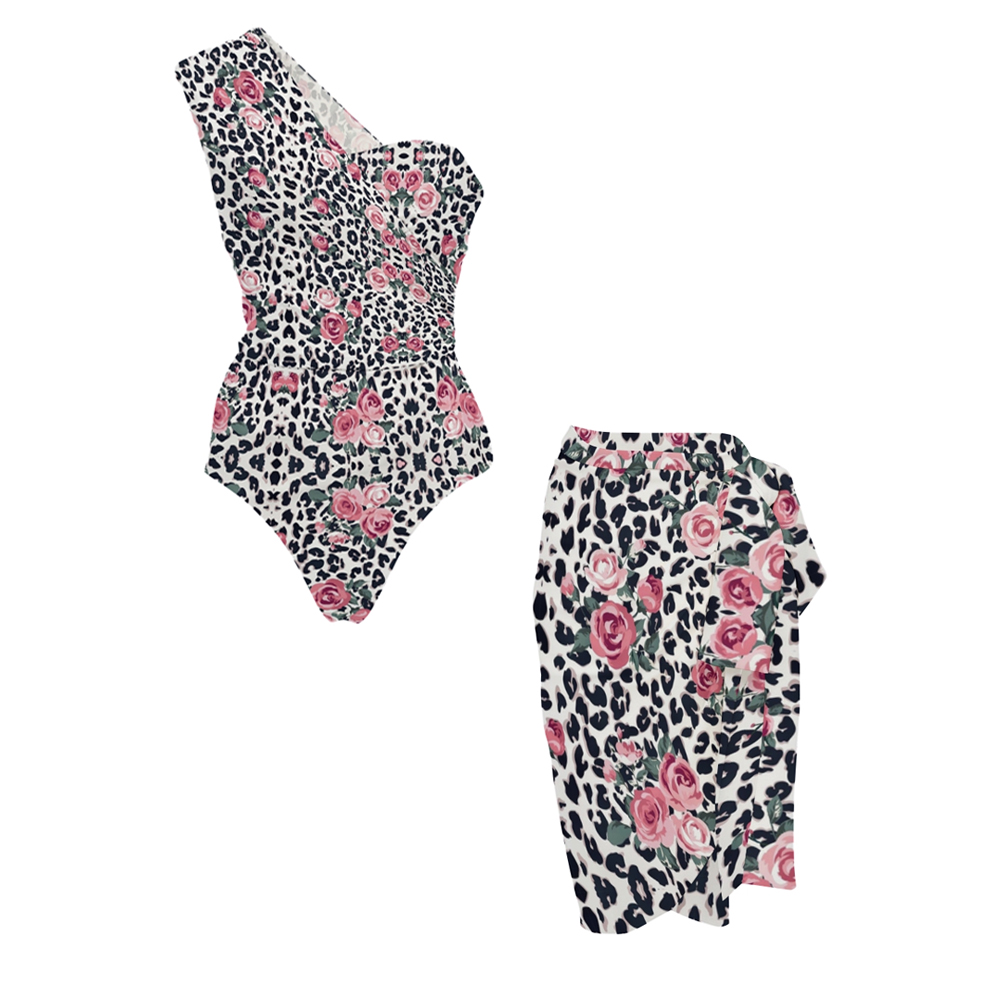 Leopard Rose Print Swimsuit with Irregular Sarong Swimsuit Set