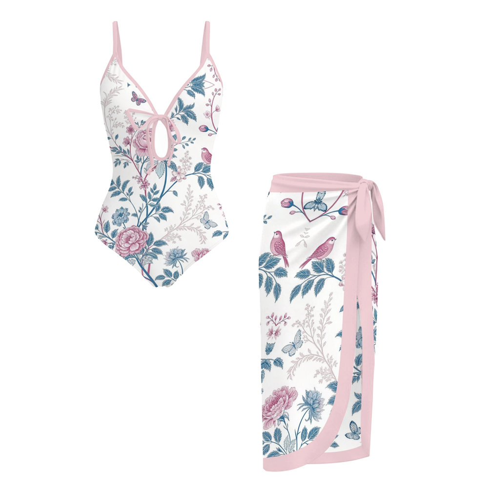 Floral Bird Print Swimsuit Pink Trim Sarong Swimsuit Set