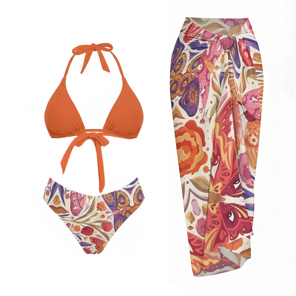 Burnt Orange Halter Bikini Top with Abstract Print Bottom and Wrap Ski