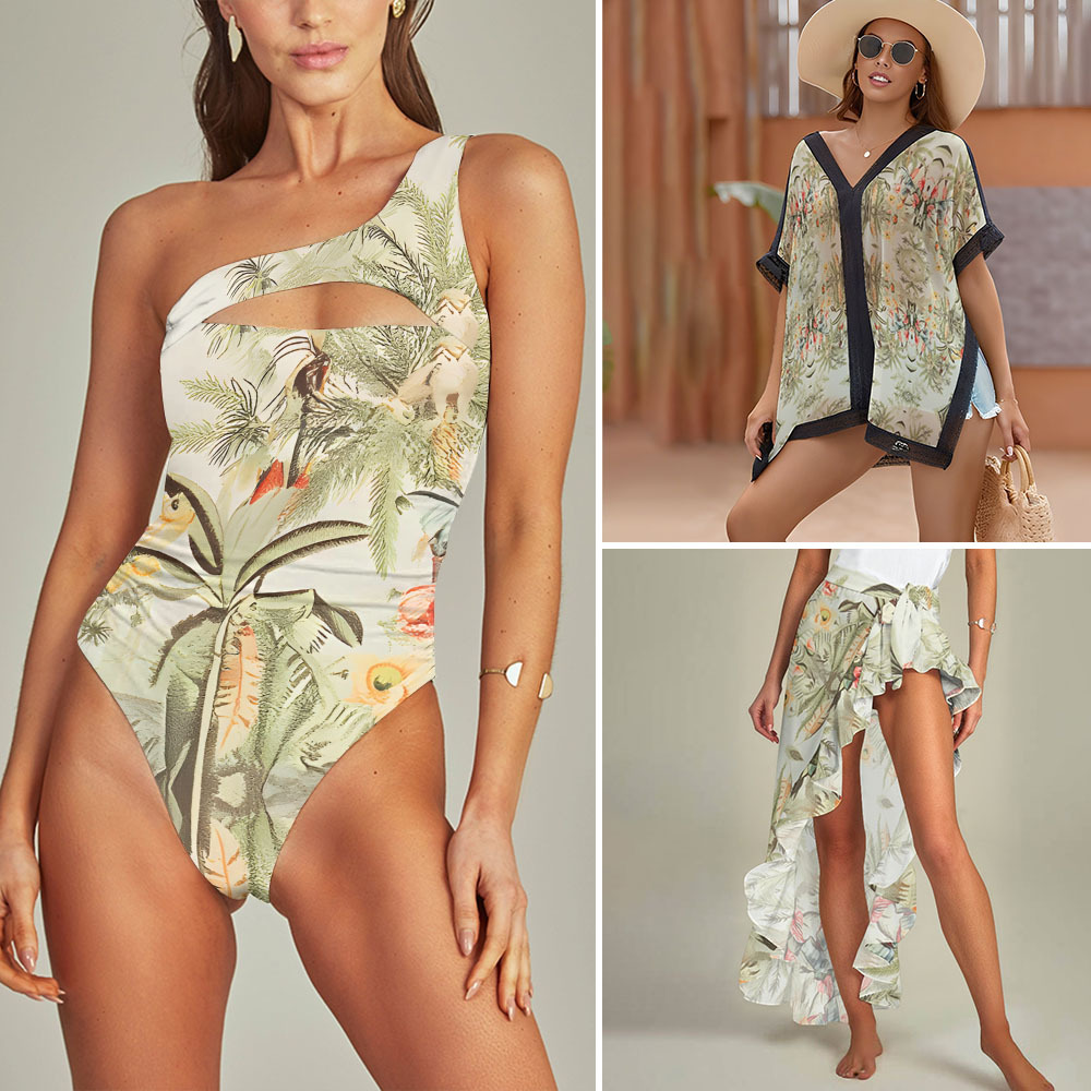 Tropical Floral Cut-Out One-Shoulder 3-Piece Beachwear Swimsuit with Matching Cover-Up and Wrap Skirt