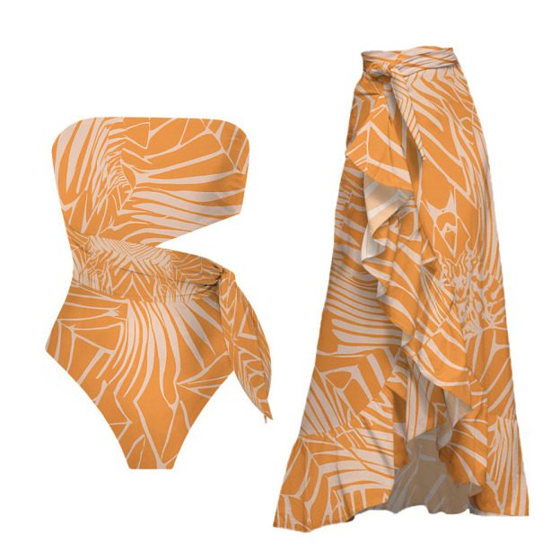 Strapless Palm Print One Piece Swimsuit with Asymmetrical Tie Waist Skirt