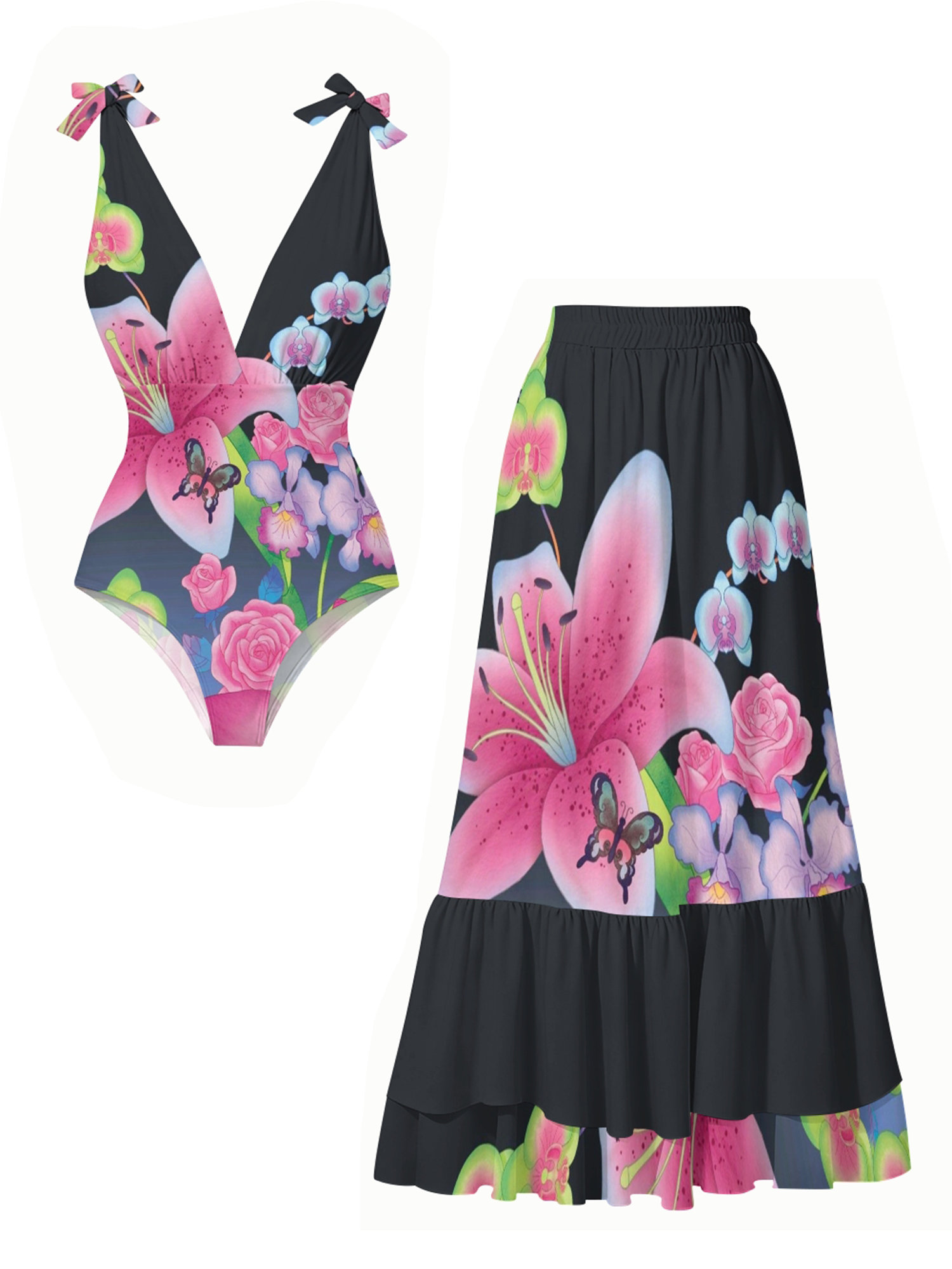 Women's Butterfly Floral Print One-Piece Swimsuit Set